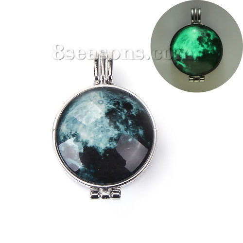 Picture of Zinc Based Alloy Glow In The Dark Aromatherapy Essential Oil Diffuser Locket Pendants Round Silver Tone Black Universe Planet Can Open (Fits 24mm Dia.) 39mm(1 4/8") x 27mm(1 1/8"), 1 Piece