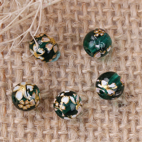 Picture of Glass Japan Painting Vintage Japanese Tensha Beads Ball Green Sakura Flower Pattern Transparent About 6mm Dia, Hole: Approx 1mm, 5 PCs