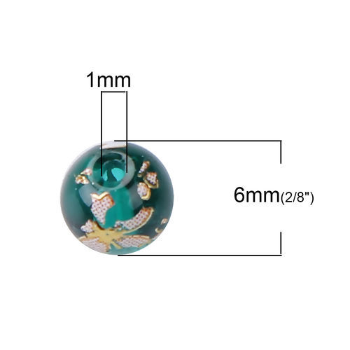 Picture of Glass Japan Painting Vintage Japanese Tensha Beads Ball Green Sakura Flower Pattern Transparent About 6mm Dia, Hole: Approx 1mm, 5 PCs