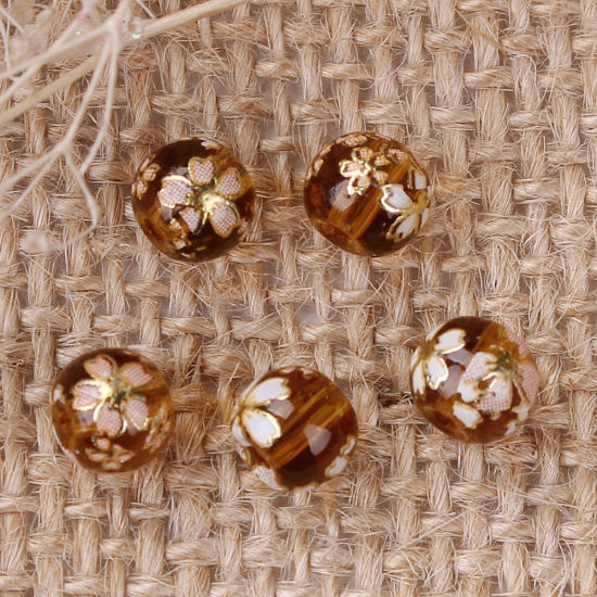 Picture of Glass Japan Painting Vintage Japanese Tensha Beads Ball Green Sakura Flower Pattern Transparent About 6mm Dia, Hole: Approx 1mm, 5 PCs