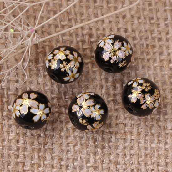 Picture of Glass Japan Painting Vintage Japanese Tensha Beads Ball Black Sakura Flower Pattern About 10mm Dia, Hole: Approx 1.2mm, 5 PCs