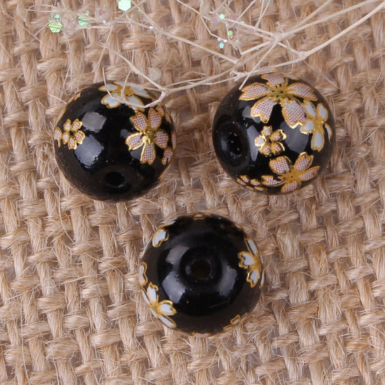 Picture of Glass Japan Painting Vintage Japanese Tensha Beads Ball Black Sakura Flower Pattern About 10mm Dia, Hole: Approx 1.2mm, 5 PCs