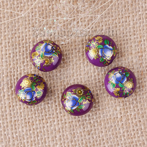 Picture of Resin Japan Painting Vintage Japanese Tensha Spacer Beads Flat Round Purple Rose Flower Pattern About 16mm Dia, Hole: Approx 2.2mm, 5 PCs