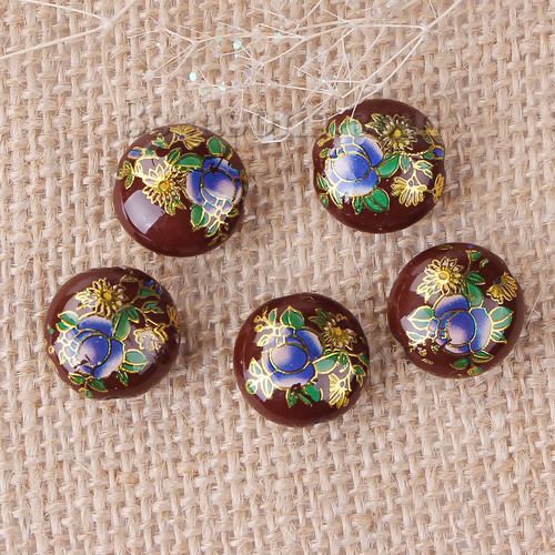 Picture of Resin Japan Painting Vintage Japanese Tensha Spacer Beads Flat Round Coffee Rose Flower Pattern About 16mm Dia, Hole: Approx 2.2mm, 5 PCs