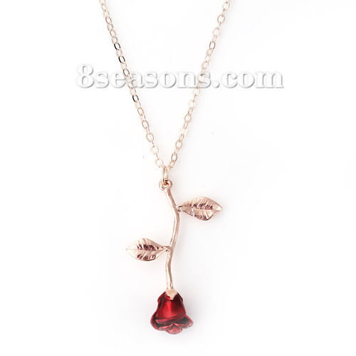 Picture of Necklace Rose Gold Red Rose Flower 50cm(19 5/8") long - 47cm(18 4/8") long, 1 Piece