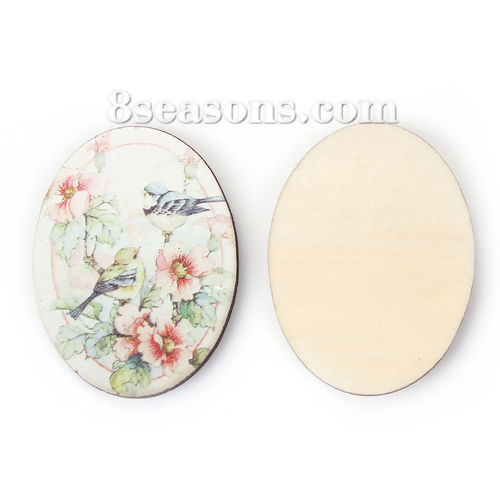 Picture of Natural Wood Embellishments Scrapbooking Oval Multicolor Flower Bird Animal Pattern 40mm(1 5/8") x 30mm(1 1/8"), 5 PCs