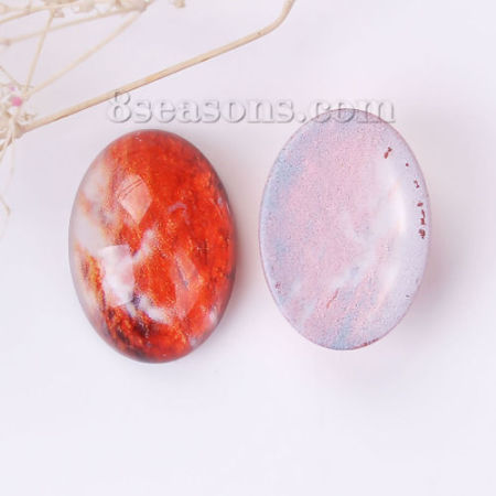 Picture of Resin Dome Seals Cabochon Oval Orange-red Maple Leaf Pattern 25mm(1") x 18mm( 6/8"), 20 PCs