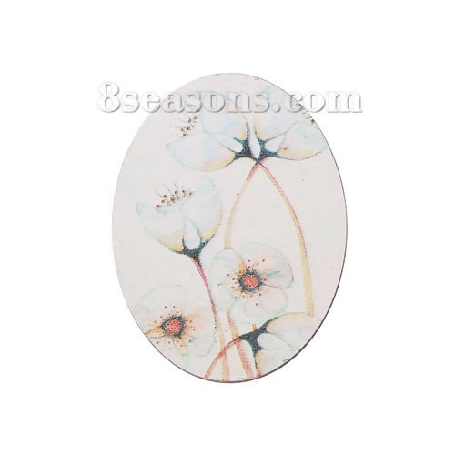 Picture of Natural Wood Embellishments Scrapbooking Oval White Flower Pattern 40mm(1 5/8") x 30mm(1 1/8"), 5 PCs