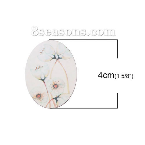 Picture of Natural Wood Embellishments Scrapbooking Oval White Flower Pattern 40mm(1 5/8") x 30mm(1 1/8"), 5 PCs