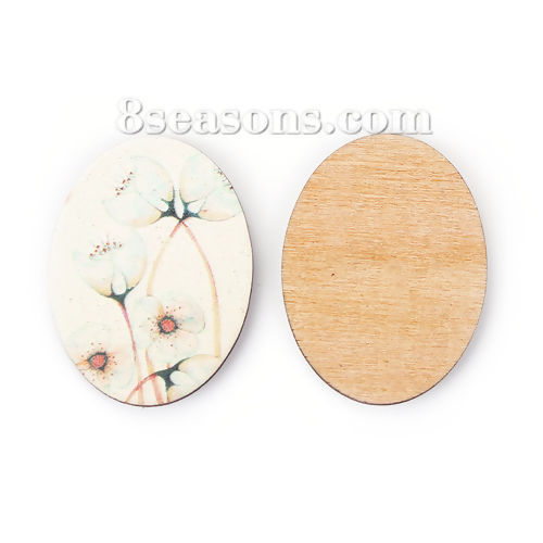 Picture of Natural Wood Embellishments Scrapbooking Oval White Flower Pattern 40mm(1 5/8") x 30mm(1 1/8"), 5 PCs