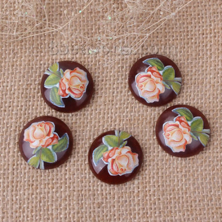 Picture of Resin Japan Painting Vintage Japanese Tensha Dome Seals Cabochon Round Coffee Rose Flower Pattern 25mm(1") Dia, 10 PCs