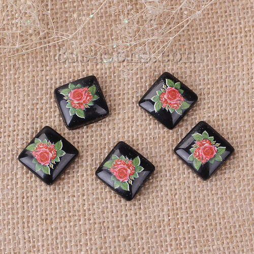 Picture of Resin Japan Painting Vintage Japanese Tensha Dome Seals Cabochon Square Black Rose Flower Pattern 18mm( 6/8") x 18mm( 6/8"), 10 PCs
