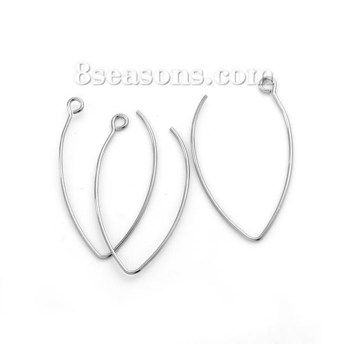 Picture of 304 Stainless Steel Ear Wire Hooks Earring Findings Oval Silver Tone W/ Loop 42mm(1 5/8") x 23mm( 7/8"), Post/ Wire Size: (19 gauge), 30 PCs