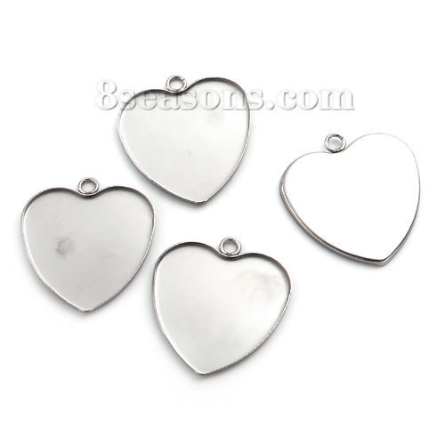 Bild von 304 Edelstahl Anhänger Herz Silberfarbe Cabochon Fassung (für 30mmx28mm) 34mm x 31mm, 5 Stück