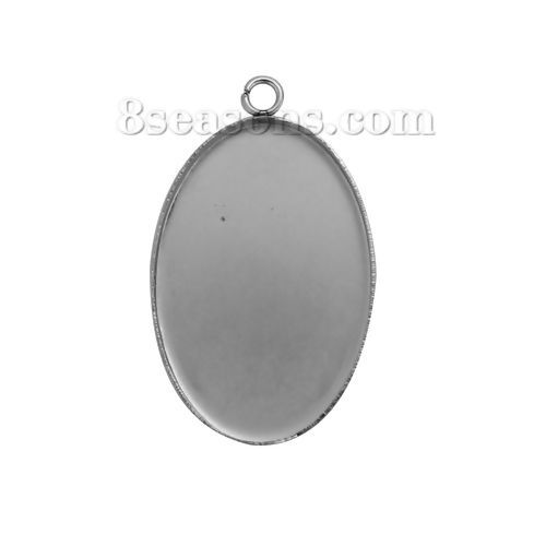 Bild von 304 Edelstahl Anhänger Oval Silberfarbe Cabochon Fassung (für 30mmx20mm) 35mm x 21mm, 10 Stück