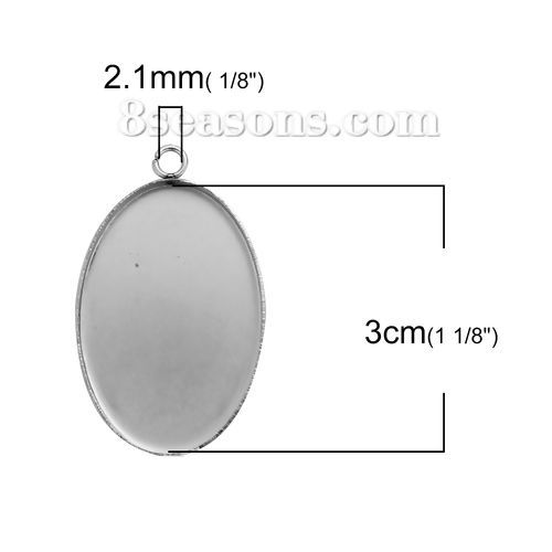 Bild von 304 Edelstahl Anhänger Oval Silberfarbe Cabochon Fassung (für 30mmx20mm) 35mm x 21mm, 10 Stück
