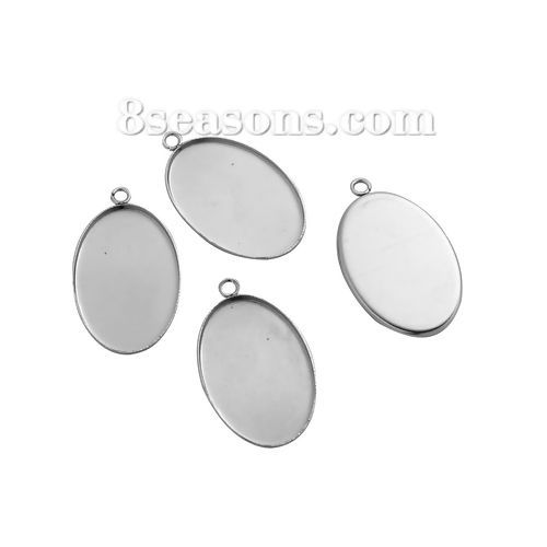 Bild von 304 Edelstahl Anhänger Oval Silberfarbe Cabochon Fassung (für 30mmx20mm) 35mm x 21mm, 10 Stück
