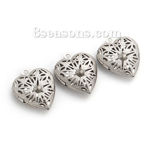 Picture of 304 Stainless Steel Picture Photo Locket Frame Pendents Heart Silver Tone (Can Hold ss16 Pointed Back Rhinestone) Cabochon Settings (Fits 14mmx11mm) Can Open 23mm( 7/8") x 19mm( 6/8"), 1 Piece