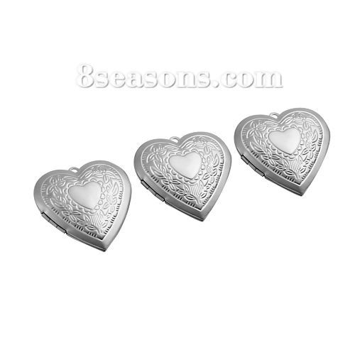 Picture of 304 Stainless Steel Picture Photo Locket Frame Pendents Heart Silver Tone Cabochon Settings (Fits 21mmx17mm) Can Open 29mm(1 1/8") x 29mm(1 1/8"), 1 Piece