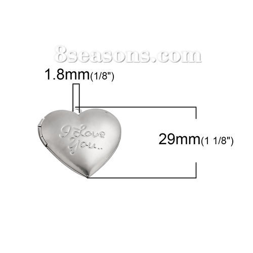 Picture of 304 Stainless Steel Picture Photo Locket Frame Pendents Heart Silver Tone Messag " Love You " Cabochon Settings (Fits 21mmx17mm) Can Open 29mm(1 1/8") x 29mm(1 1/8"), 1 Piece