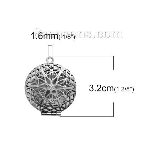 Picture of 304 Stainless Steel Picture Photo Locket Frame Pendants Round Silver Tone Cabochon Settings (Fits 19mm Dia.) Can Open 32mm(1 2/8") x 27mm(1 1/8"), 1 Piece