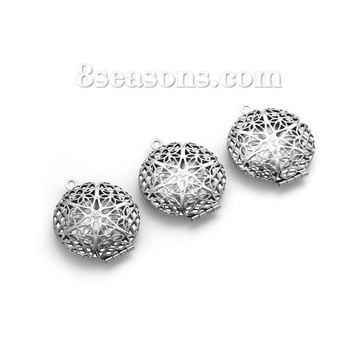 Picture of 304 Stainless Steel Picture Photo Locket Frame Pendants Round Silver Tone Cabochon Settings (Fits 19mm Dia.) Can Open 32mm(1 2/8") x 27mm(1 1/8"), 1 Piece