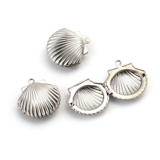 Picture of 304 Stainless Steel Picture Photo Locket Frame Pendants Round Silver Tone Cabochon Settings (Fits 19mm Dia.) Can Open 32mm(1 2/8") x 27mm(1 1/8"), 1 Piece