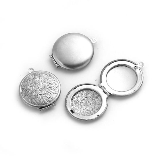 Picture of 304 Stainless Steel Picture Photo Locket Frame Pendants Round Silver Tone Cabochon Settings (Fits 19mm Dia.) Can Open 32mm(1 2/8") x 27mm(1 1/8"), 1 Piece