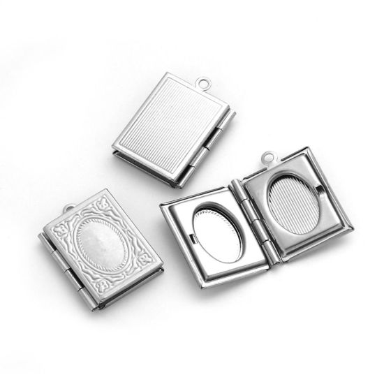 Picture of 304 Stainless Steel Picture Photo Locket Frame Pendants Round Silver Tone Cabochon Settings (Fits 19mm Dia.) Can Open 32mm(1 2/8") x 27mm(1 1/8"), 1 Piece