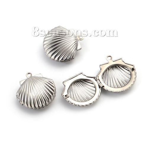 Picture of 304 Stainless Steel Picture Photo Locket Frame Pendents Shell Silver Tone Cabochon Settings (Fits 15mmx13mm) Can Open 23mm( 7/8") x 22mm( 7/8"), 1 Piece