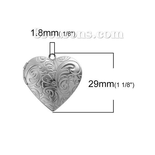 Picture of 304 Stainless Steel Picture Photo Locket Frame Pendents Heart Silver Tone Wave Cabochon Settings (Fits 22mmx17mm) Can Open 29mm(1 1/8") x 29mm(1 1/8"), 1 Piece