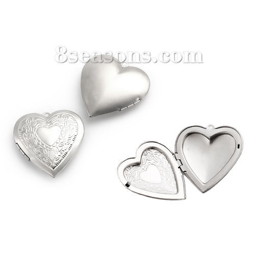 Picture of 304 Stainless Steel Picture Photo Locket Frame Pendents Heart Silver Tone Leaf Cabochon Settings (Fits 30mmx26mm) Can Open 42mm(1 5/8") x 40mm(1 5/8"), 1 Piece