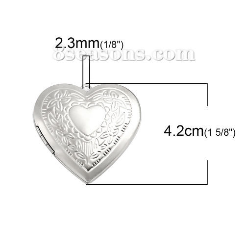 Picture of 304 Stainless Steel Picture Photo Locket Frame Pendents Heart Silver Tone Leaf Cabochon Settings (Fits 30mmx26mm) Can Open 42mm(1 5/8") x 40mm(1 5/8"), 1 Piece