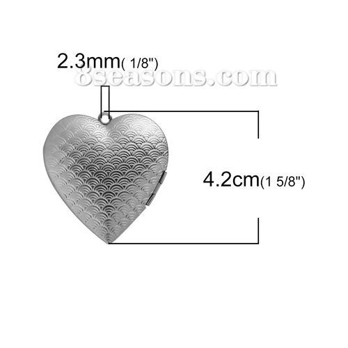 Picture of 304 Stainless Steel Picture Photo Locket Frame Pendents Heart Silver Tone Fish Scale Cabochon Settings (Fits 30mmx26mm) Can Open 42mm(1 5/8") x 40mm(1 5/8"), 1 Piece