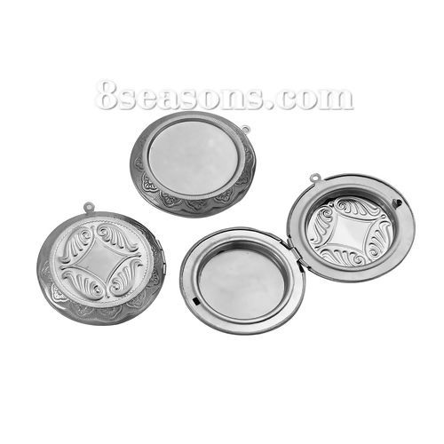 Picture of 304 Stainless Steel Picture Photo Locket Frame Pendants Round Silver Tone Wing Cabochon Settings (Fits 30mm Dia.) Can Open 48mm(1 7/8") x 45mm(1 6/8"), 1 Piece
