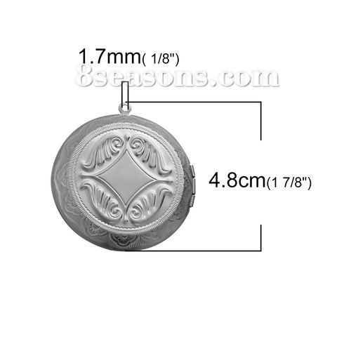 Picture of 304 Stainless Steel Picture Photo Locket Frame Pendants Round Silver Tone Wing Cabochon Settings (Fits 30mm Dia.) Can Open 48mm(1 7/8") x 45mm(1 6/8"), 1 Piece