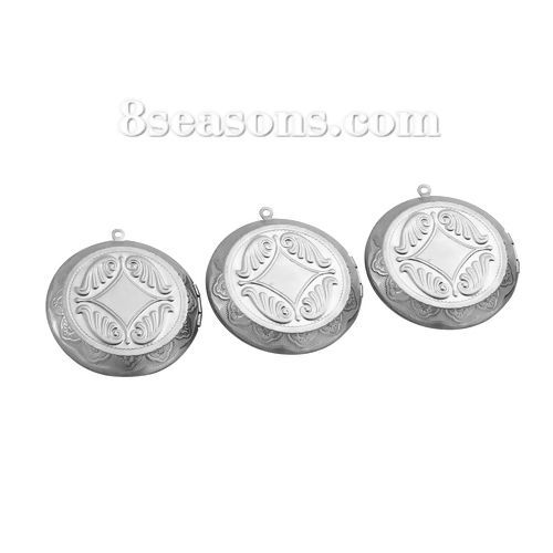 Picture of 304 Stainless Steel Picture Photo Locket Frame Pendants Round Silver Tone Wing Cabochon Settings (Fits 30mm Dia.) Can Open 48mm(1 7/8") x 45mm(1 6/8"), 1 Piece