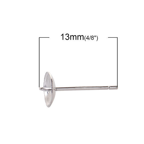 Bild von Sterling Silber Ohrring Ohrstecker Zubehör Rund Silbrig (für 6mm Perlen) 13mm x 5mm, Drahtstärke: (21 gauge), 1 Paar