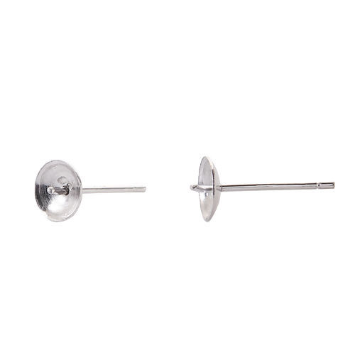 Bild von Sterling Silber Ohrring Ohrstecker Zubehör Rund Silbrig (für 6mm Perlen) 13mm x 5mm, Drahtstärke: (21 gauge), 1 Paar