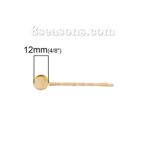 Image de Pinces à Cheveux en Alliage de Fer Forme Rond Doré (Cabochon Rapportable 12mm Dia.) 61mm x 14mm, 10 Pcs