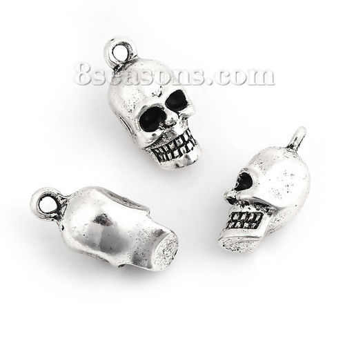 Picture of Zinc Based Alloy 3D Charms Skull Antique Silver Color 22mm( 7/8") x 10mm( 3/8"), 5 PCs