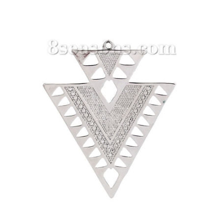 Brass Pendants Triangle Silver Tone 45mm(1 6/8") x 37mm(1 4/8"), 2 PCs