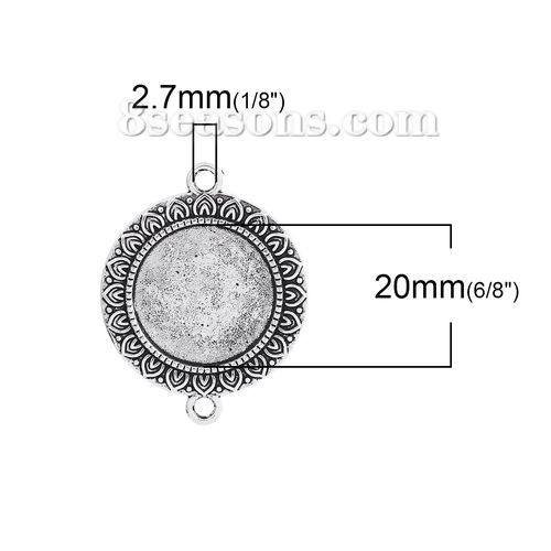 Picture of Zinc Based Alloy Connectors Round Antique Silver Color Carved Carved Cabochon Settings (Fits 20mm Dia.) 37mm(1 4/8") x 29mm(1 1/8"), 10 PCs