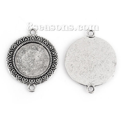 Picture of Zinc Based Alloy Connectors Round Antique Silver Color Carved Carved Cabochon Settings (Fits 20mm Dia.) 37mm(1 4/8") x 29mm(1 1/8"), 10 PCs