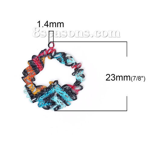 Bild von Eisenlegierung Emailmalerei Charms Ring Grün Bunt Filigran Stempel Verzierung 23mm x 20mm, 10 Stück