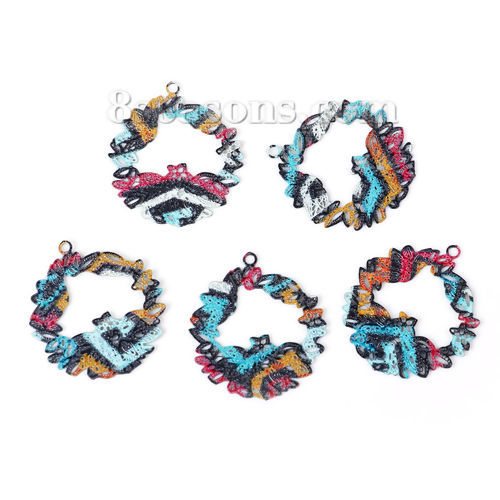 Bild von Eisenlegierung Emailmalerei Charms Ring Grün Bunt Filigran Stempel Verzierung 23mm x 20mm, 10 Stück