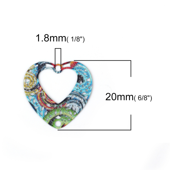 Bild von Eisenlegierung Emailmalerei Verbinder Herz Grün Bunt mit Filigran Muster 20mm x 20mm, 10 Stück