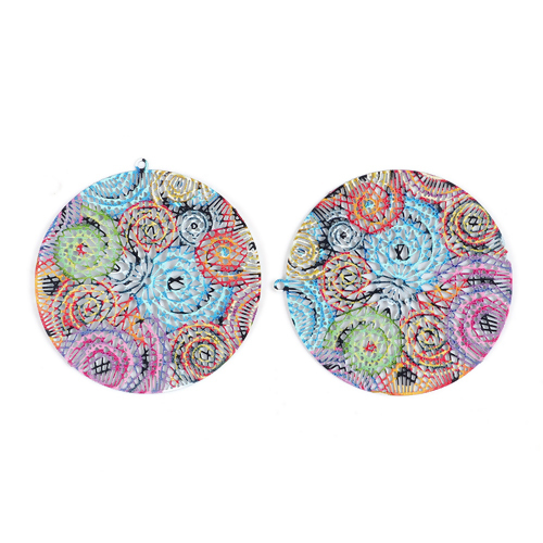 Picture of Iron Based Alloy Enamel Painting Pendants Round Green Multicolor Filigree Stamping 45mm x 43mm, 5 PCs