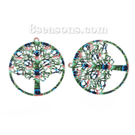 Image de Pendentifs Peinture en Émail en Alliage de Fer Arbre Vert Multicolore Estampe en Filigrane 43mm x 40mm, 5 Pcs