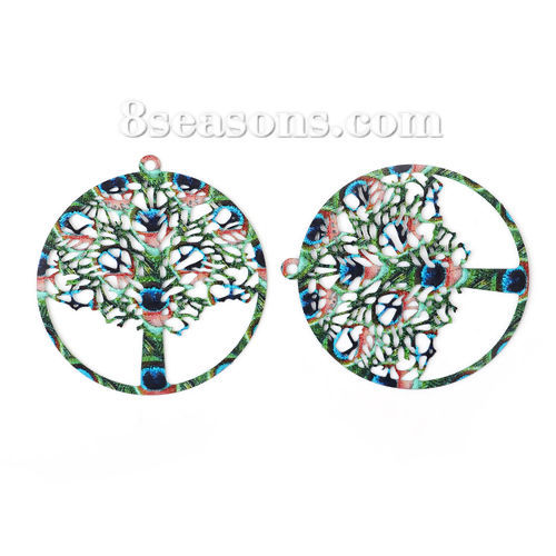 Picture of Iron Based Alloy Enamel Painting Pendants Tree Green Multicolor Filigree Stamping 43mm x 40mm, 5 PCs